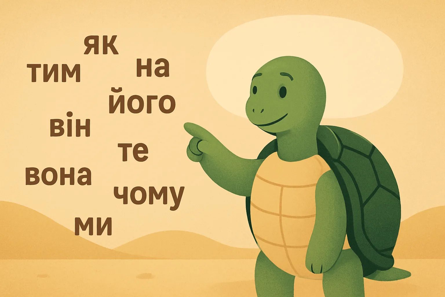 Редакційна ілюстрація, що показує черепаху TortoLingua в моменті, де значення відкривається через контекст, для статті "Гіпотеза природного порядку: чому порядок граматики не збігається з порядком засвоєння".
